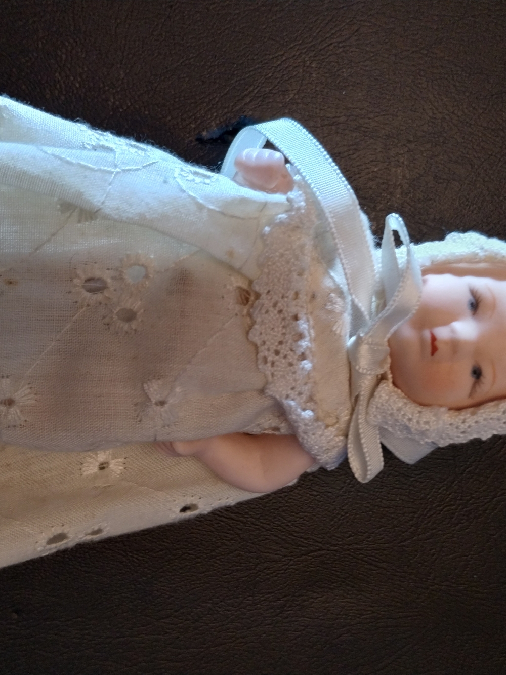 Victoria's Collectables Antique-Style Porcelain Doll in Cream Dress with Lace